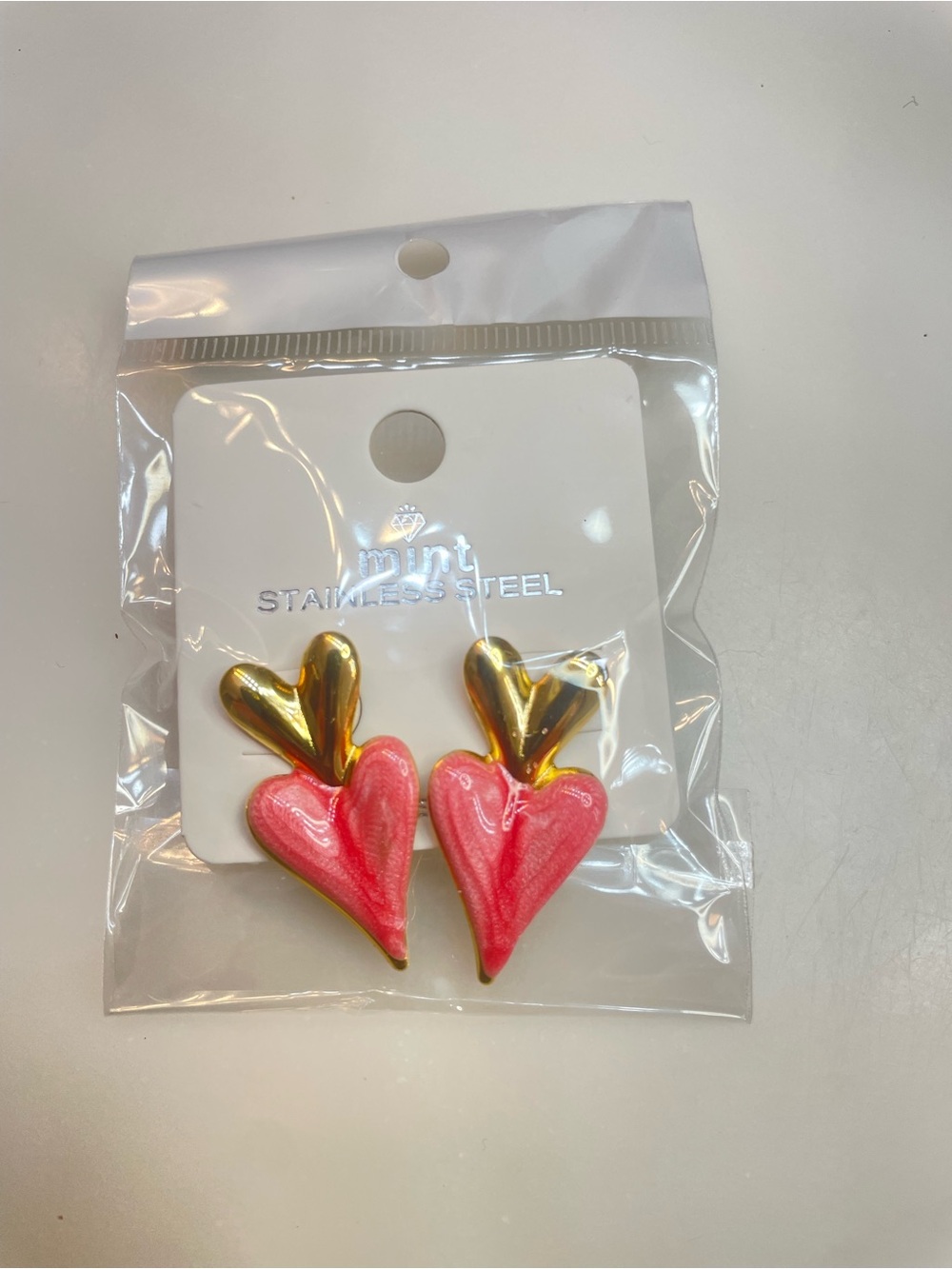 Gold & Coral Heart Drop Earrings - Stainless Steel